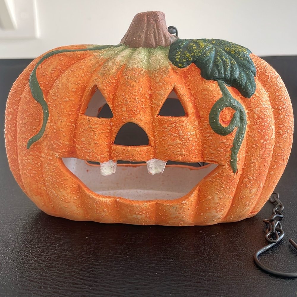 NWOT: Pumpkin Tea Light Candle Holder - Ceramic Hanging Halloween Decoration